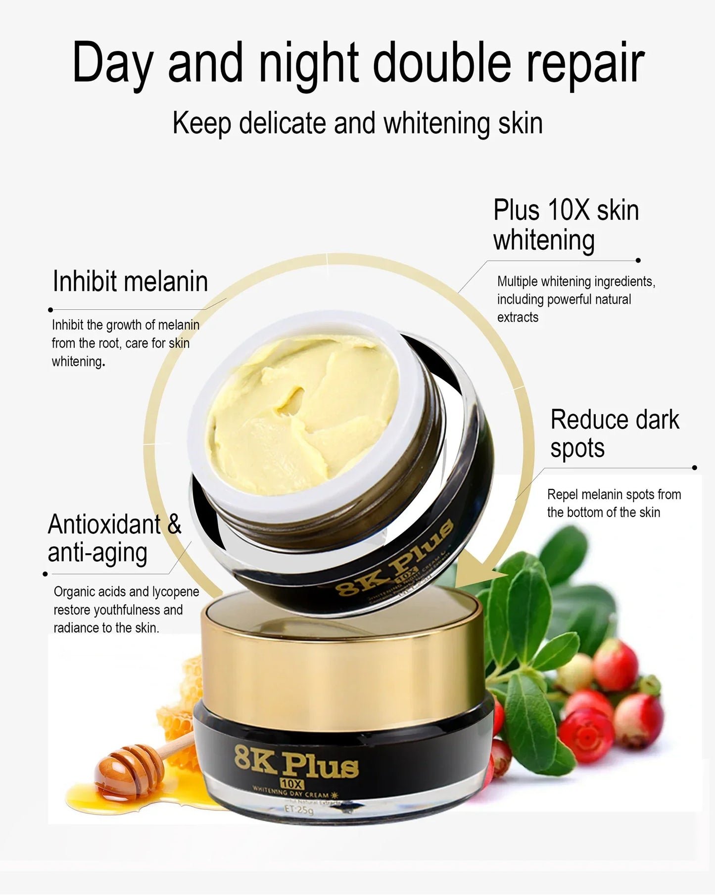 AILKE Whitening Face Cream, Reduce Dark Spots, Sun Spots, Reduce Melanin, With Collagen, Glutathione, For All Skin Types