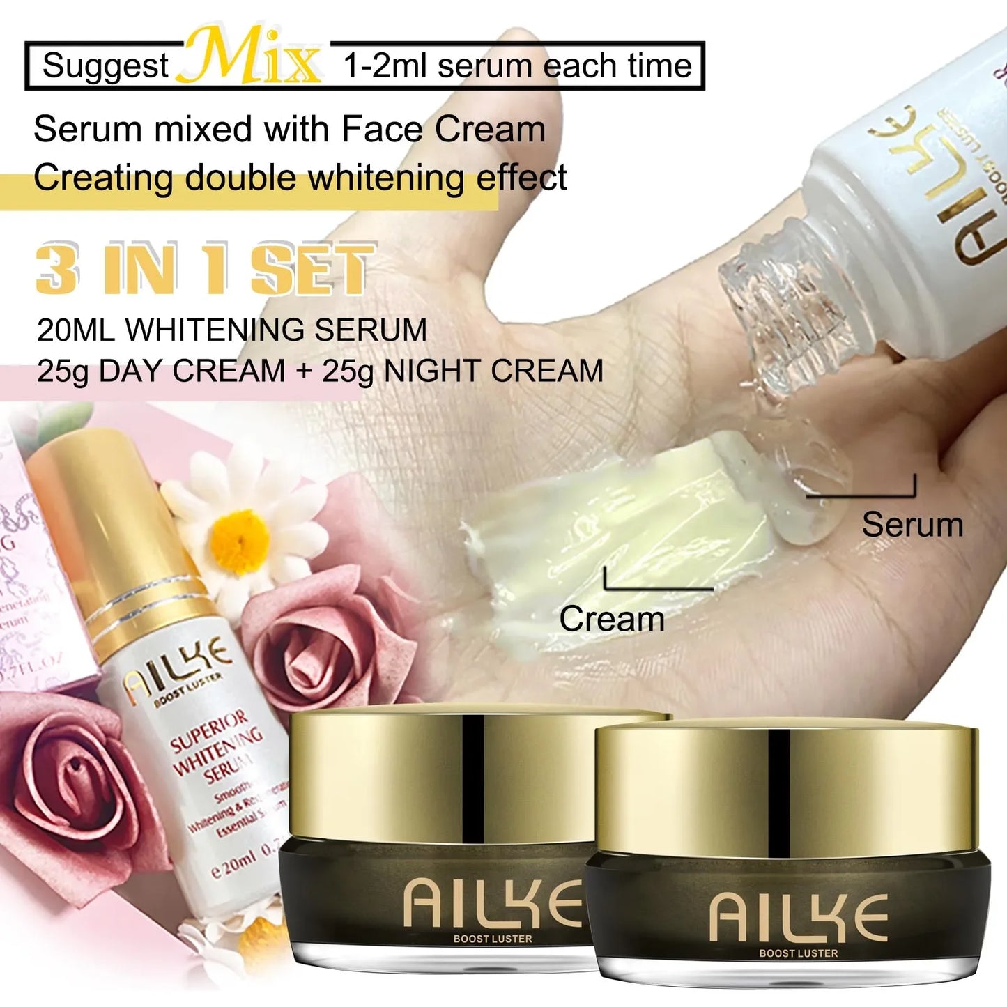AILKE Whitening Face Cream, Reduce Dark Spots, Sun Spots, Reduce Melanin, With Collagen, Glutathione, For All Skin Types