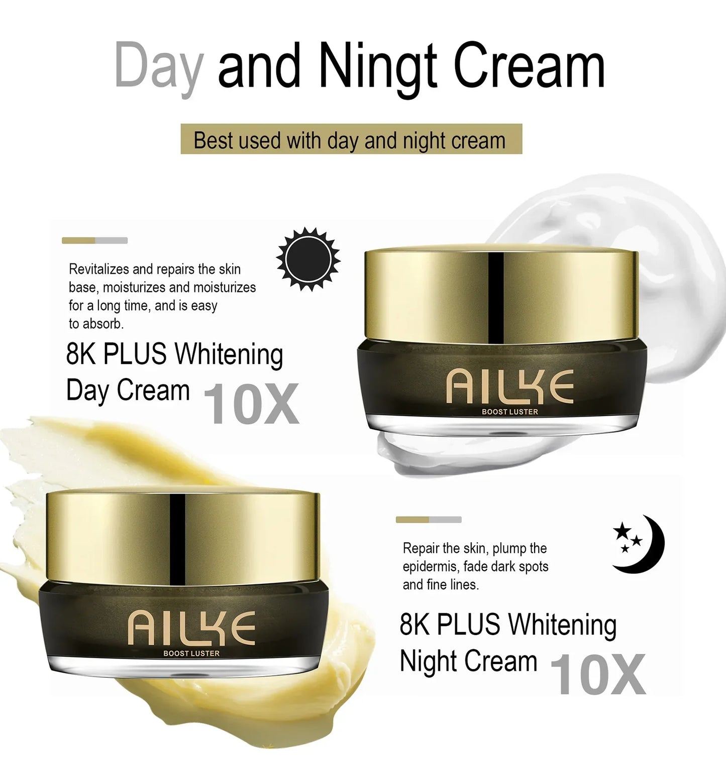 AILKE Whitening Face Cream, Reduce Dark Spots, Sun Spots, Reduce Melanin, With Collagen, Glutathione, For All Skin Types