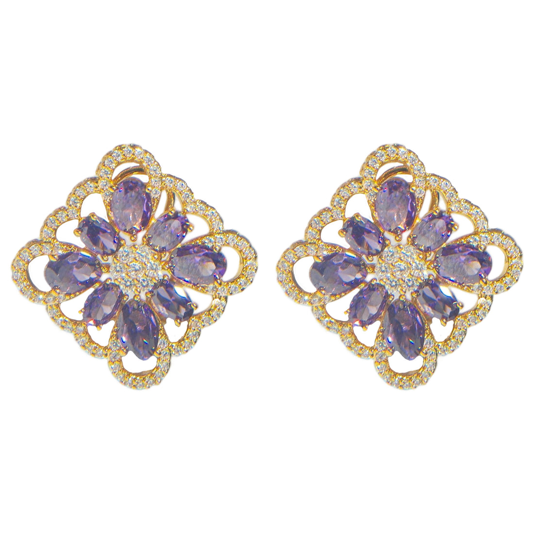 Lxalry 18K Gold Plated Purple Floral Ring & Earring Set - Baroque Statement Jewelry For Weddings & Parties - Tarnish-Free, Hypoallergenic, Vintage Flower Jewelry, Gift For Her