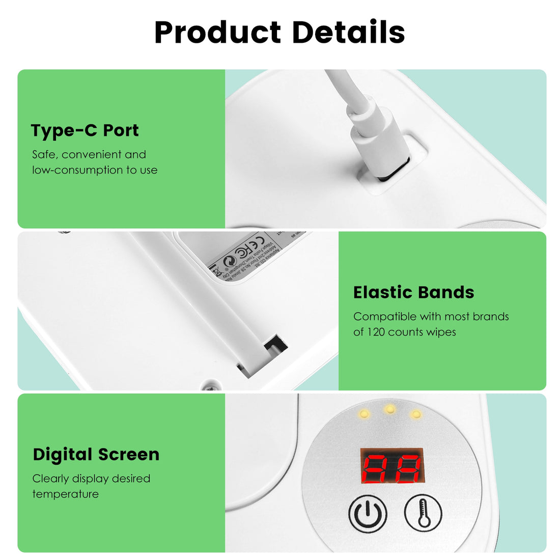 1Pc Baby Wipe Warmer With 3 Temperature Settings Type C Powered