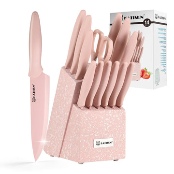 Kitchen Knife Set With Block, 14 Piece Pink Non-Stick Paint Coating Stainless