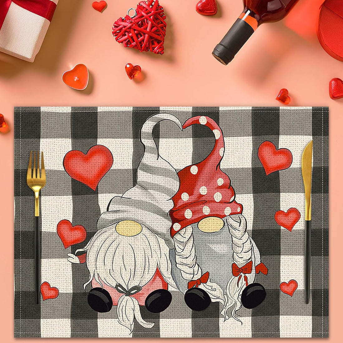 Valentines Day Placemats Set Of 4, 17x12.5 Inches With Gnomes