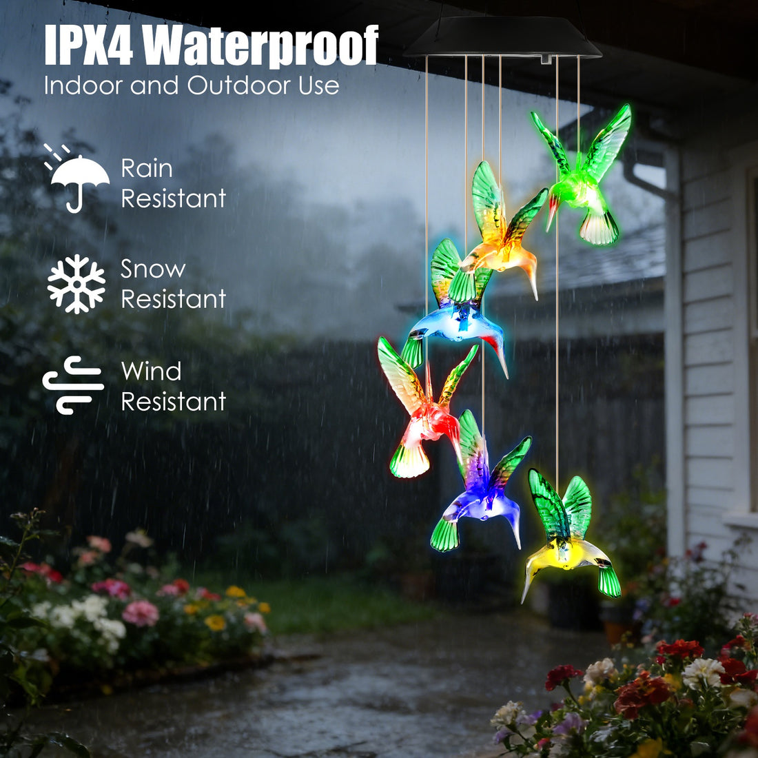 2Pcs Solar Hummingbird Wind Chime 7 Color Changing Wind Chime