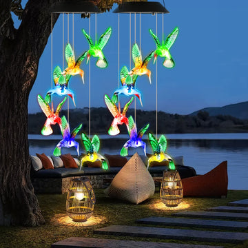 2Pcs Solar Hummingbird Wind Chime 7 Color Changing Wind Chime