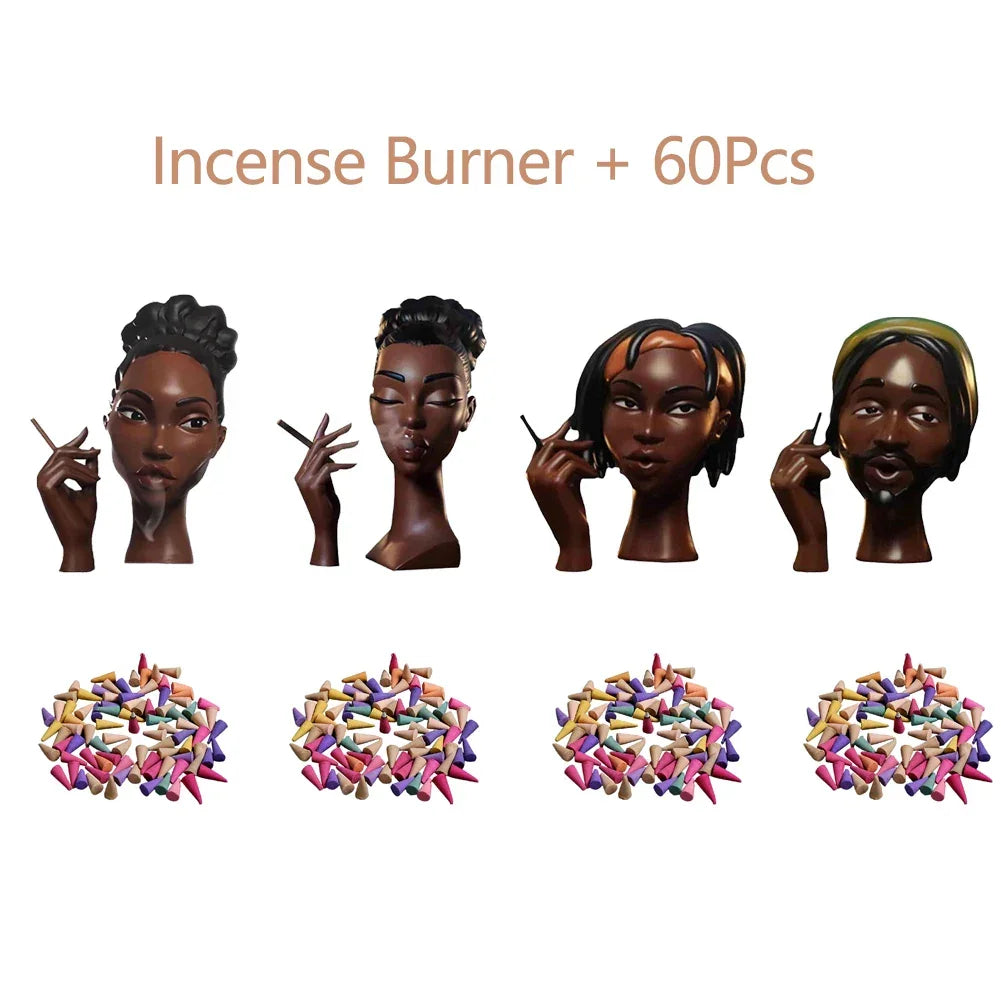 NEW Head Incense Burner Black Women Face Resin Incense Holder With 60Pcs Incense Cones for Bedroom Office Home