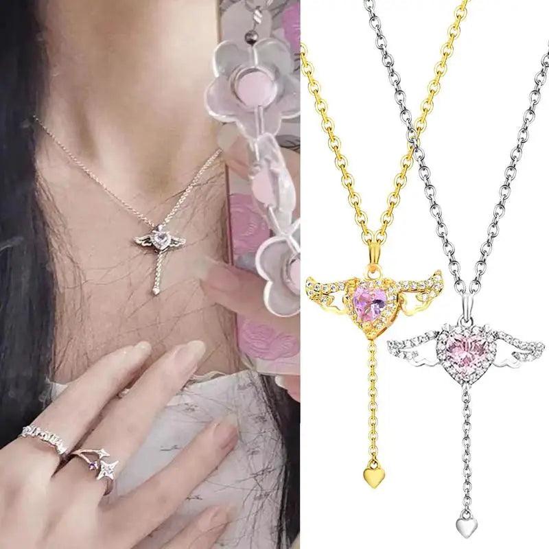 Angel Wings Necklace | Pink Heart Angel Wings Cross Necklace | Titanium Steel Moving Angel Wings Pendant Heart Crystal Necklace - JZ collection