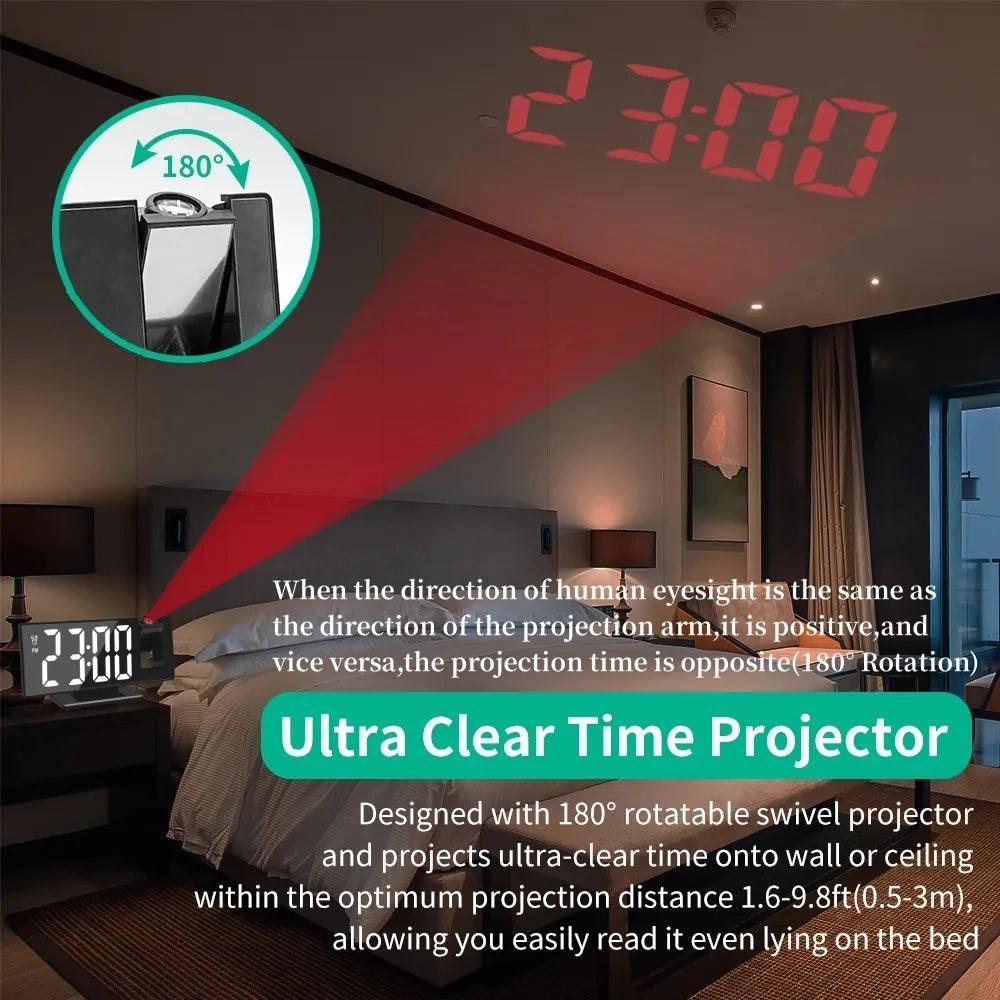 180° Arm Projection Alarm Clock Time Temperature USB Plug-in Digital Alarm Clock Snooze Table Clock 12/24H Projector LED Clock - JZ collection