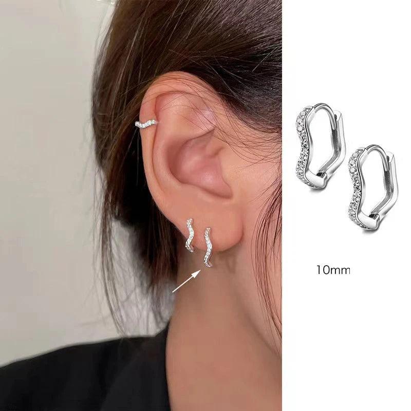 Stainless Steel Minimal Wave Hoop Earrings Crystal Zirconia Small Huggie Thin Cartilage Earring Piercing Jewelry 2023 New - JZ collection