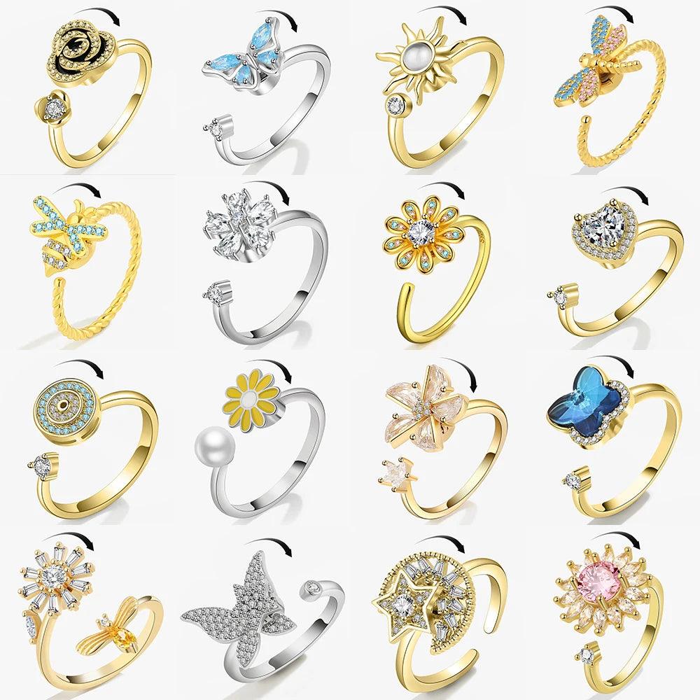 SMJEL Fidget Spinner Ring Anxiety for Women Multiple Crystal Flower Eye Butterfly Animal Ring Rotate Anti Stress Wedding Jewerly - JZ collection