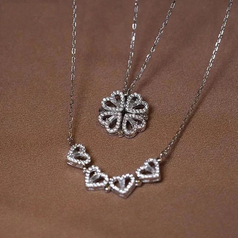 Heart Shaped Four Leaf Clover Pendant Necklace Silver Gold Jewelry Zircon Women Love Clavicle Chain Gifts Openable ChokerJewelry - JZ collection