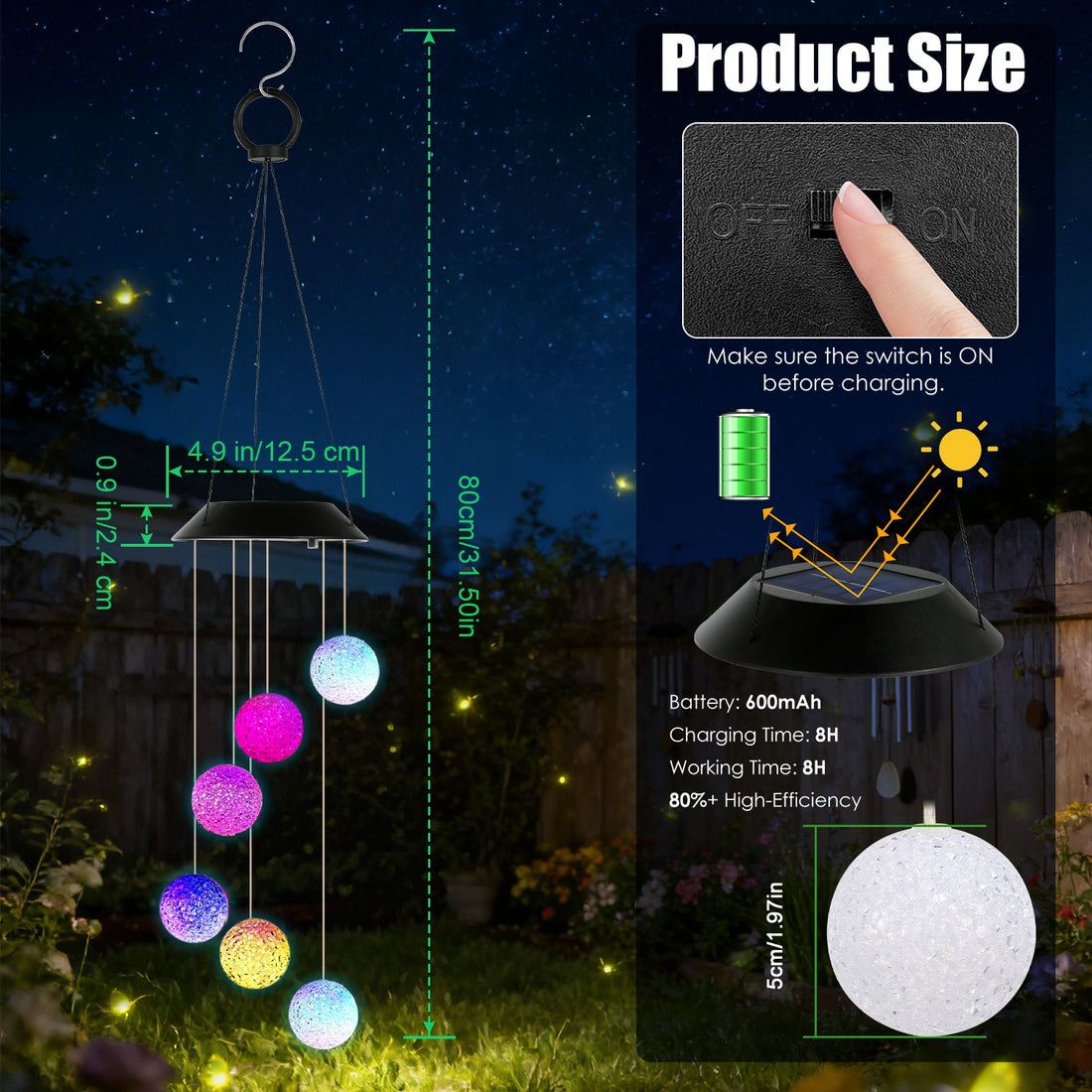 1Pc Solar Ball Wind Chime 7 Color Changing Wind Chime For Outside